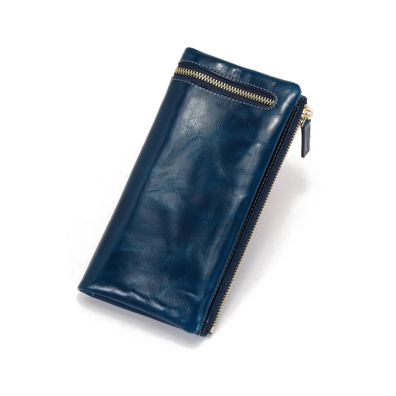 Blue Vintage Ladies Leather Zipper Long Wallet
