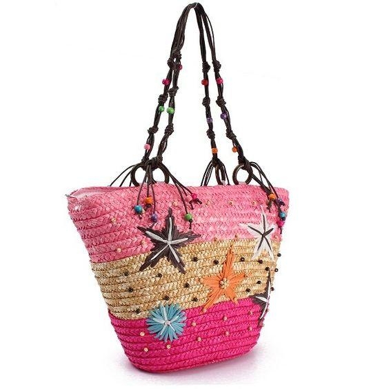 Bohemia Starfish Embroidery Beach Straw Bag Seaside Holiday Tote Bags