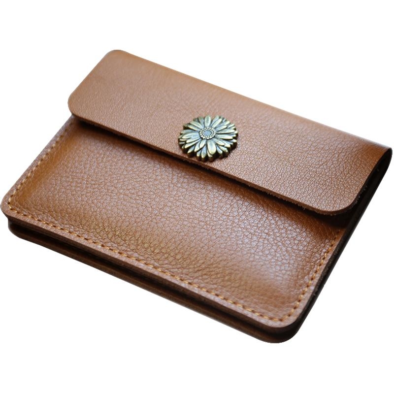 Brown Flower Cow Leather Card Holder Fold Wallet for Women