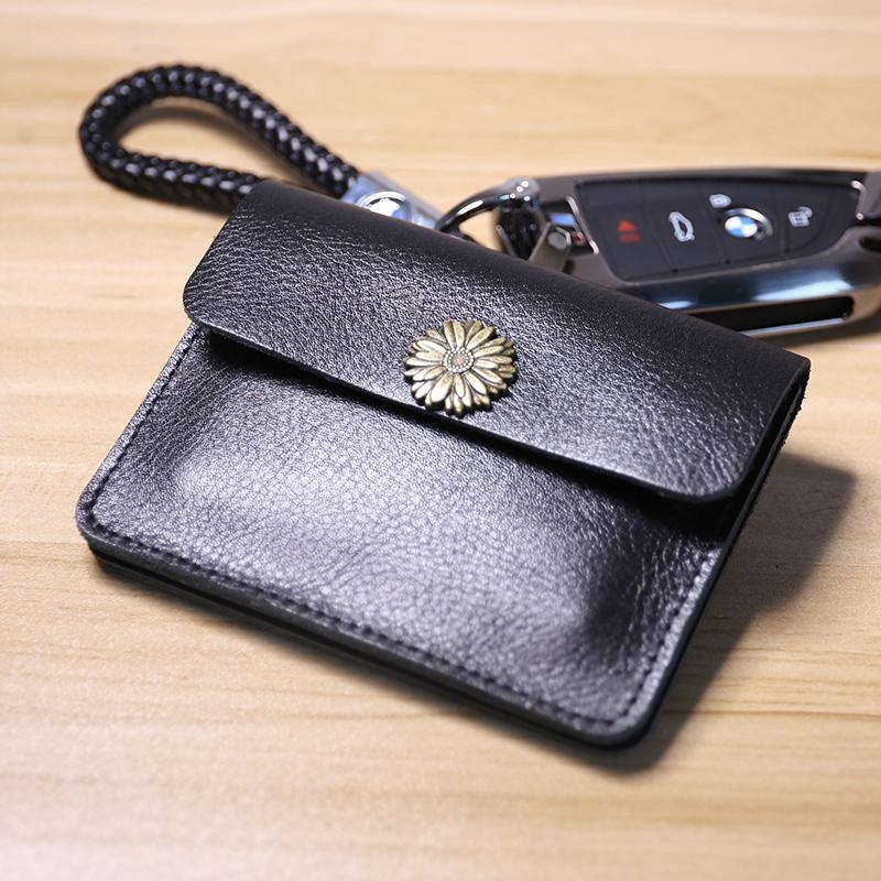 Brown Flower Cow Leather Card Holder Fold Wallet for Women