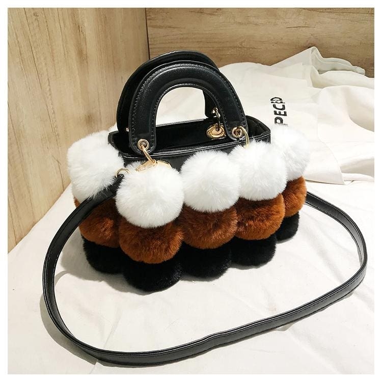 Brown and White Faux Fur Hand Purse Pompom Shoulder Handbags