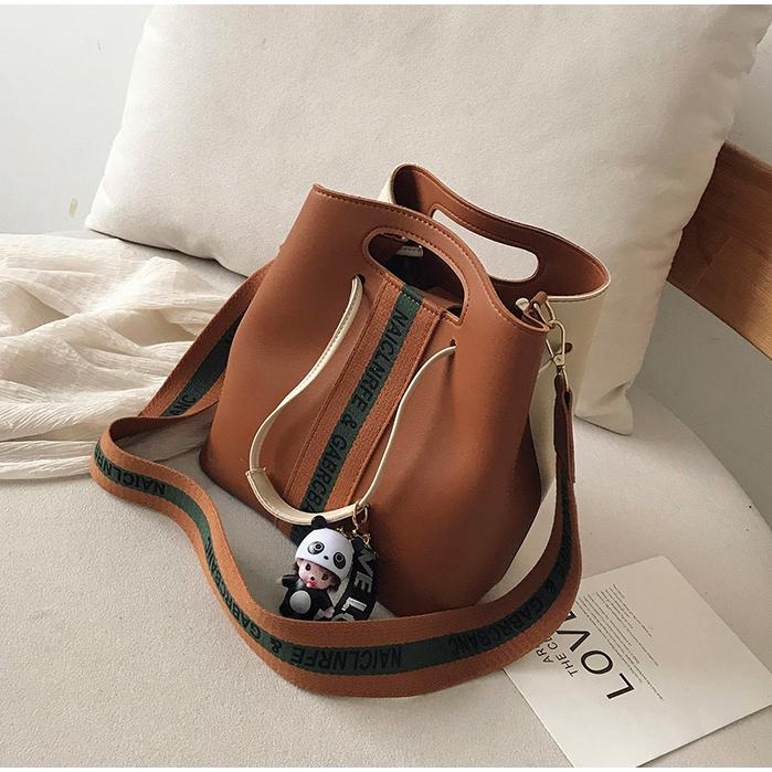 Brown Contrast Color Bucket Handbags Wide Shoulder Bags 