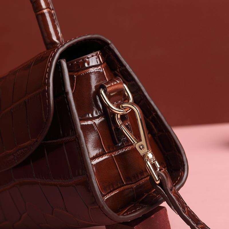 Brown Croc Embossed Leather Handbag Crossbody Purse