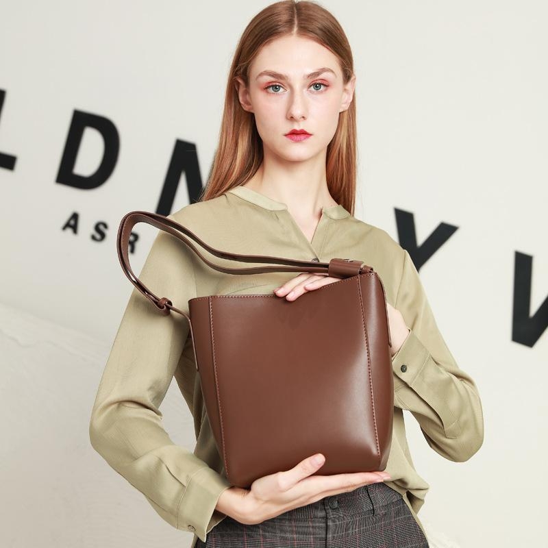 Brown Genuine Leather Crossbody Bucket Bag with Wide Strap