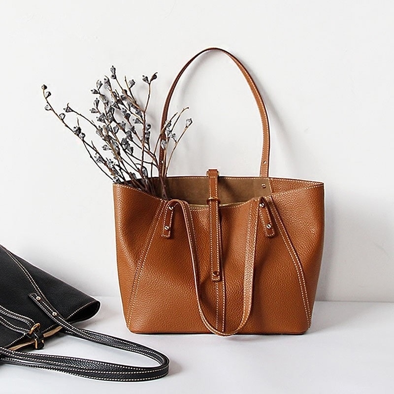 Black Genuine Leather Tote Bag Large Handbags for Women