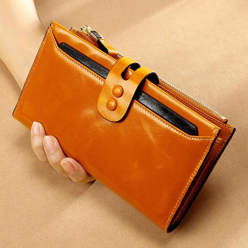 Magenta Genuine Leather Wallet Retro Folded Long Wallet for Work