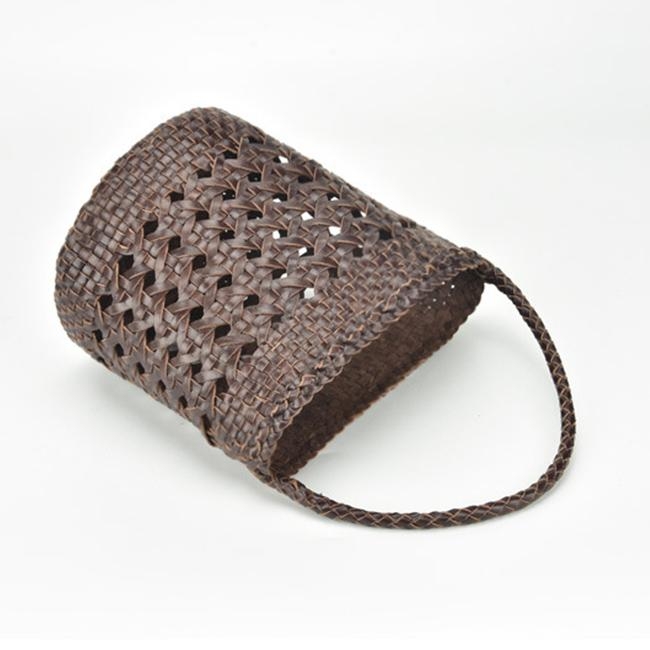 Coffee Genuine Leather Woven Bag Hollow-out Bucket Bag Purse