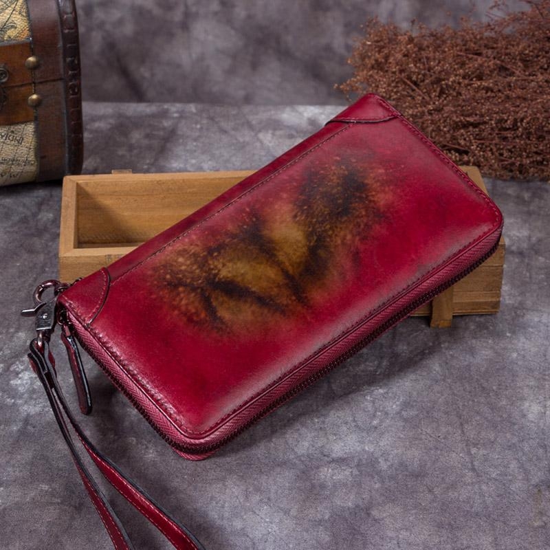 Brown Hand-made Cowhide Leather Wallet Zipper Long Wallet for Women
