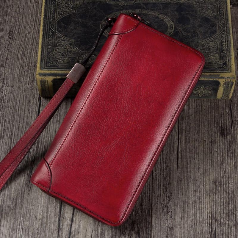 Brown Hand-made Cowhide Leather Wallet Zipper Long Wallet for Women