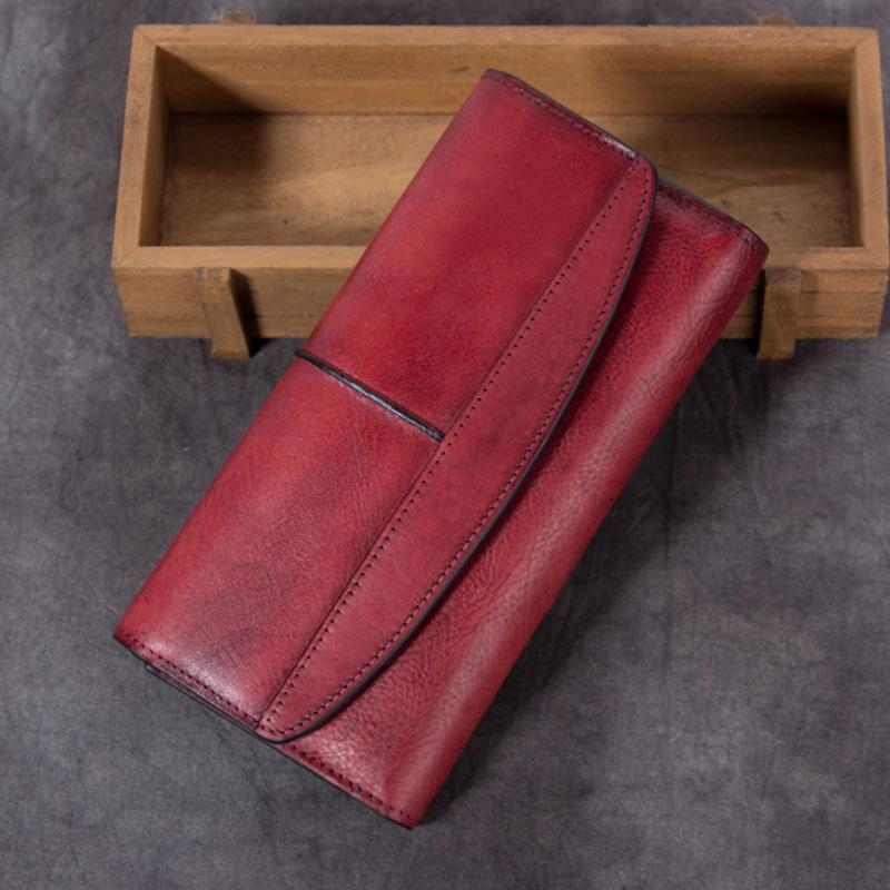 Red Handcrafted Wallet Cowhide Leather Wallet Vintage Wallet