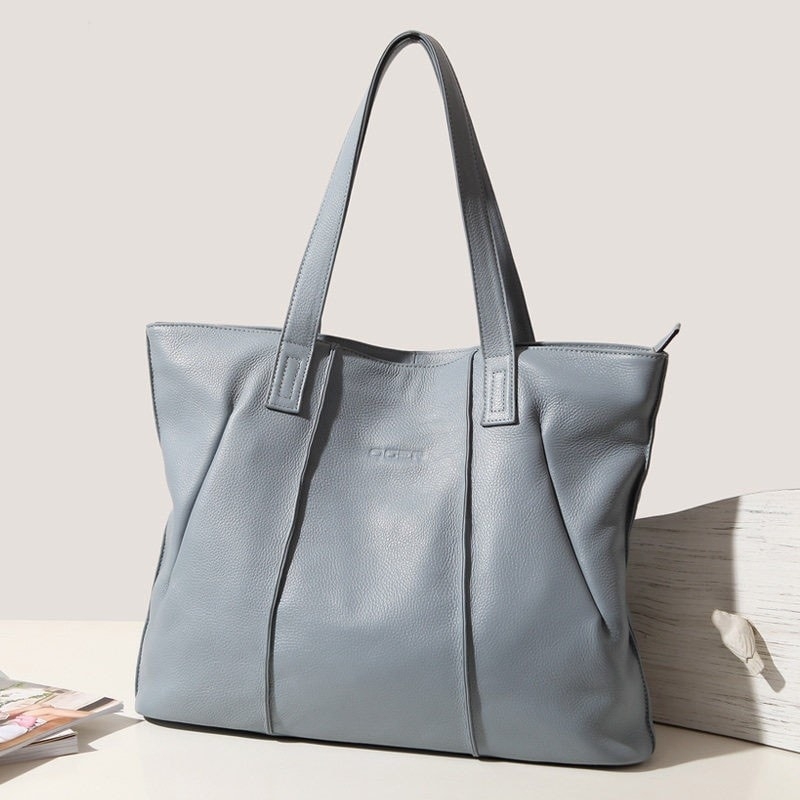 Blue Soft Genuine Leather Tote Bag Simply Large Shoulder Shopper Bags