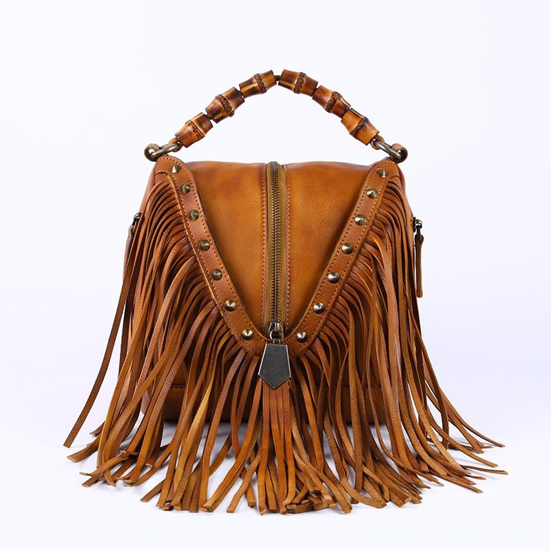 Brown Leather Fringe Bag Shoulder Vintage Handbags with Bamboo Handle ...