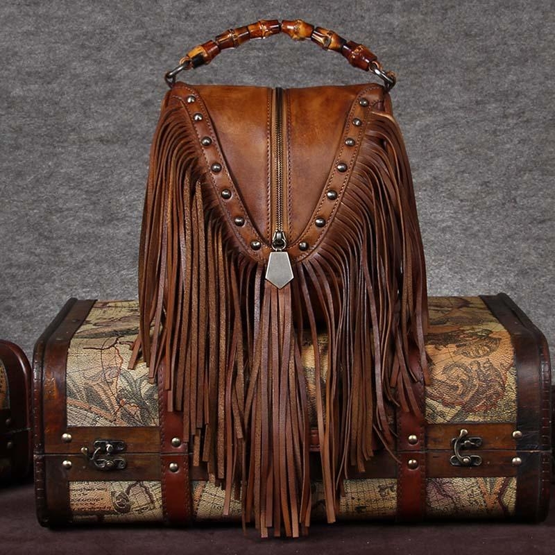 Black Leather Fringe Bag Shoulder Vintage Handbags with Bamboo Handle