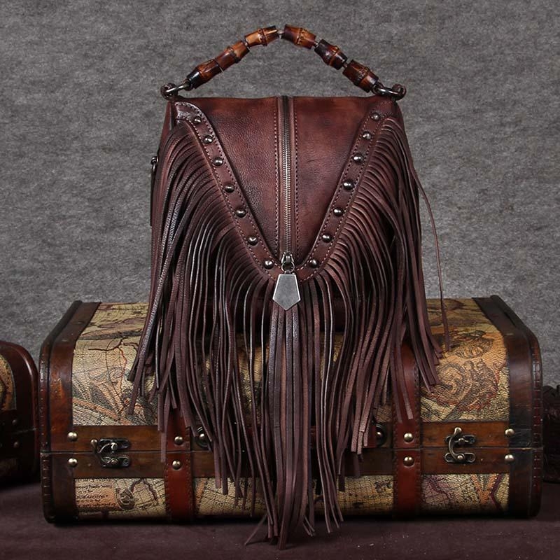 Burgundy Leather Fringe Bag Bamboo Handle Shoulder Vintage Handbags