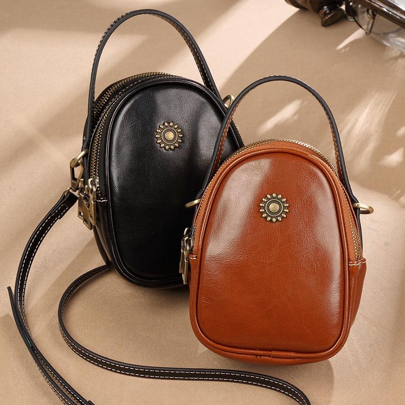 Brown Leather Handbags Mini Crossbody Purse with Handle