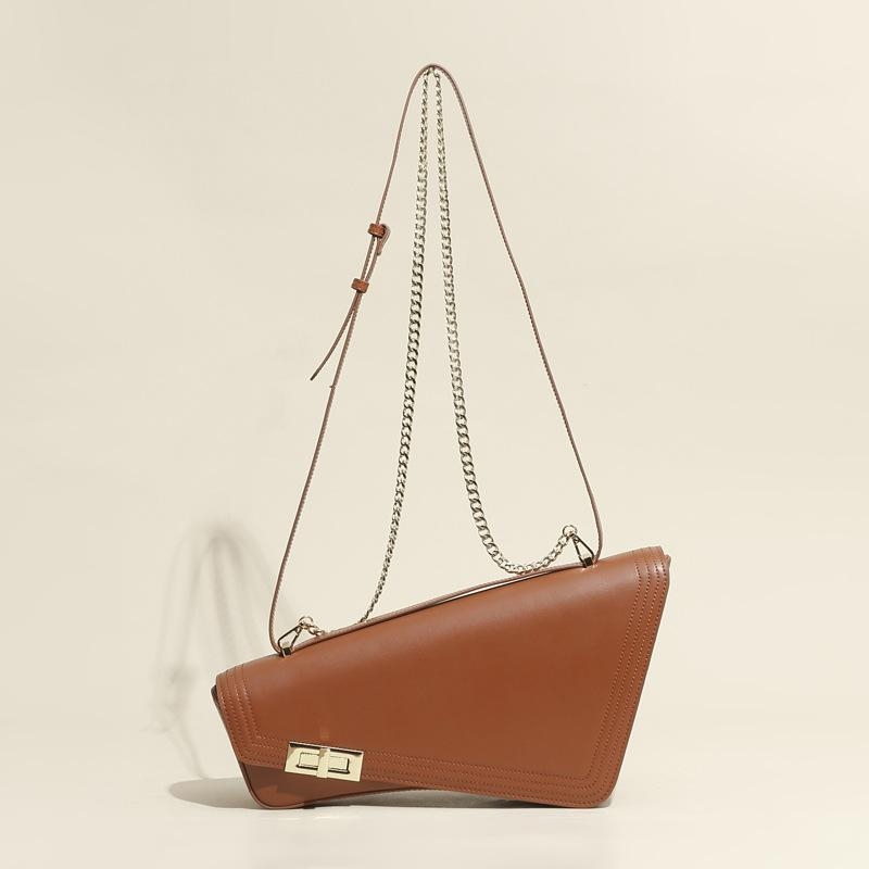 Brown Leather Irregular Trim Flap Shoulder Bags with Chain