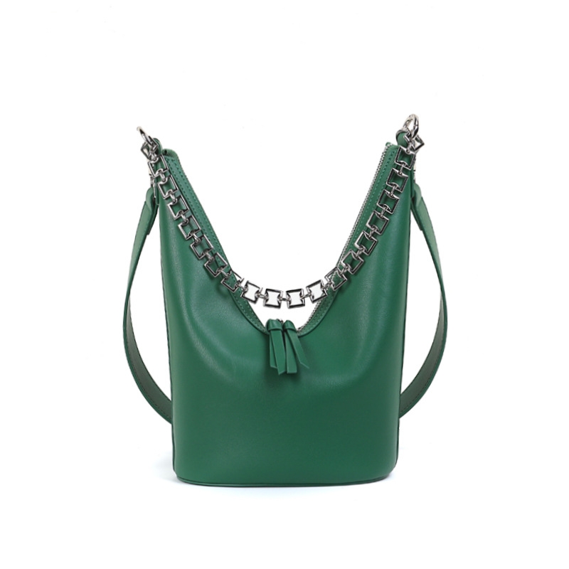 Green Leather Moon Shape Side Bag Square Chunky Chain Shoulder Purse