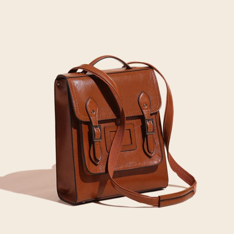 Brown Leather Retro Preppy Style Backpack Buckle Flap School Bag