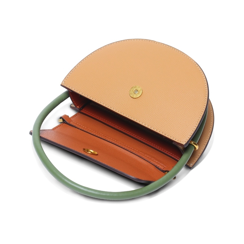 Brown Leather Top Handle Half Moon Saddle Flap Shoulder Bags