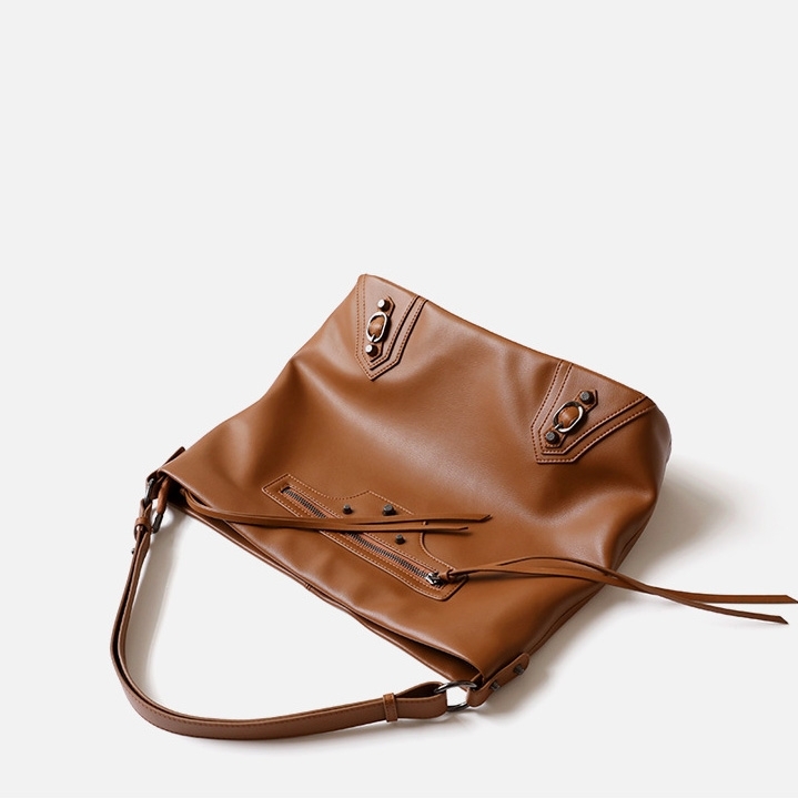 Coffee-color Leather Zipper Pocket Shoulder Big Bag One-handle Tote Motorcycle Bag