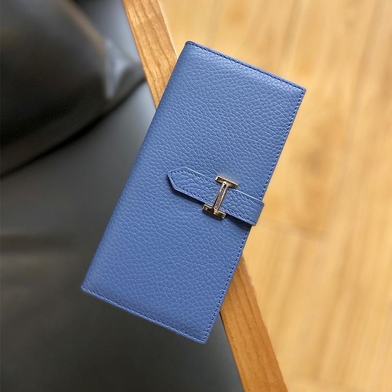 Blue Litchi Grain Long Wallet Genuine Leather Belt Wallet