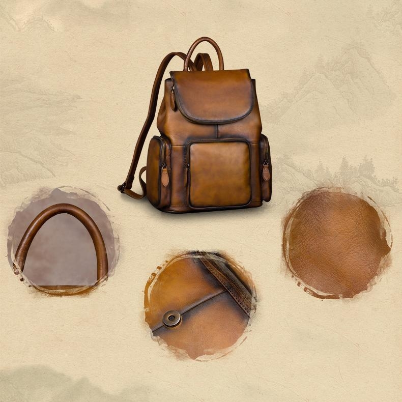 Coffee Color Pocket Flap Leather Vintage Backpacks