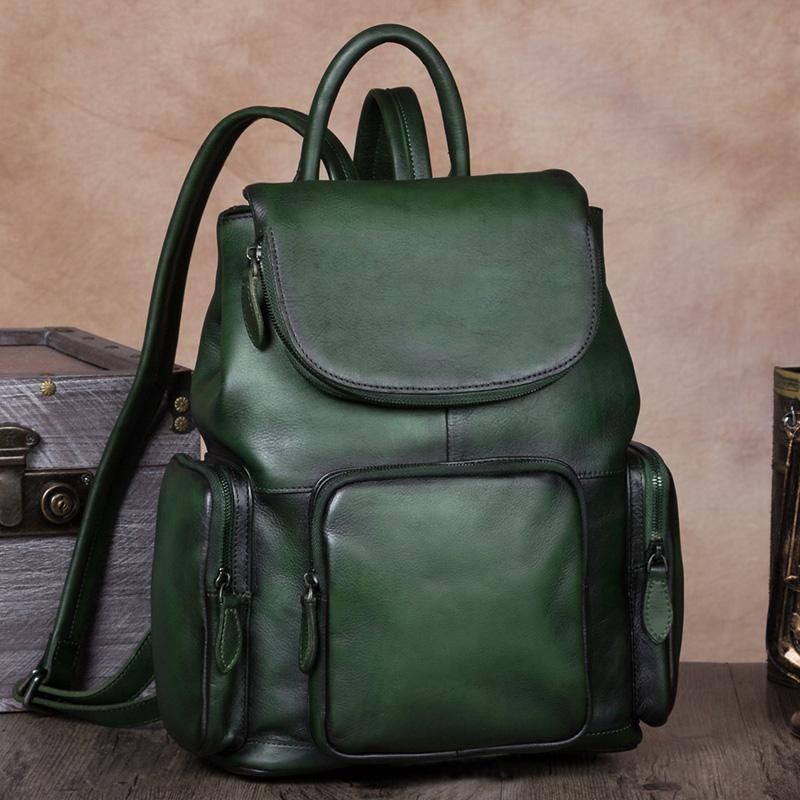 Green Color Pocket Flap Leather Vintage Backpacks