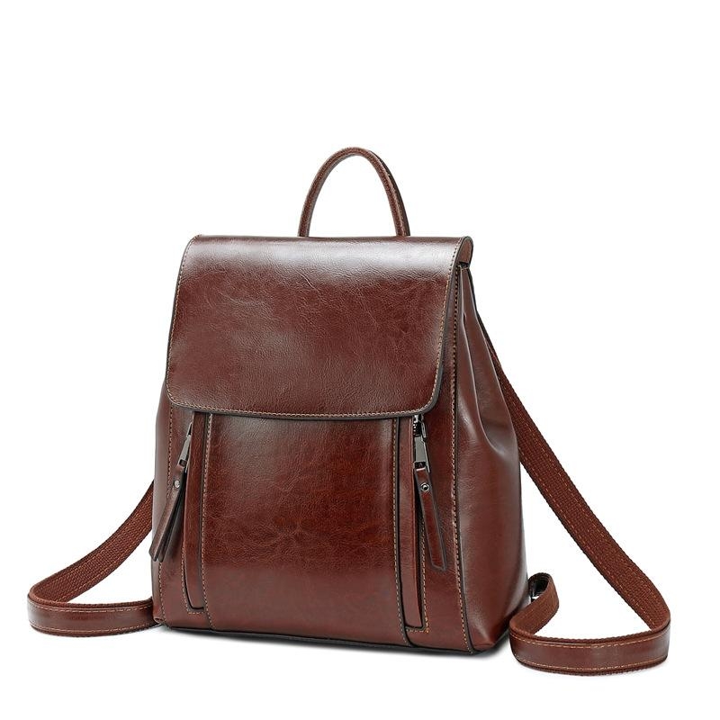 Coffee Retro Leather Flap Zipper Everyday Backpack