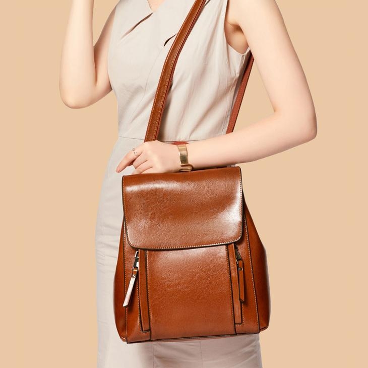 Coffee Retro Leather Flap Zipper Everyday Backpack
