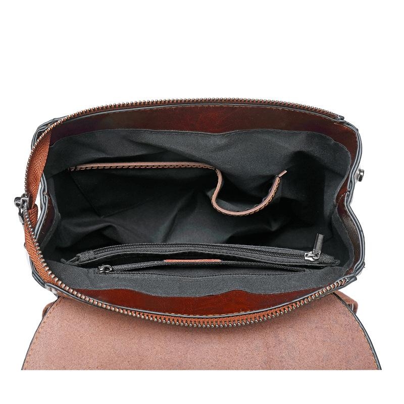 Black Retro Leather Flap Zipper Everyday Backpack