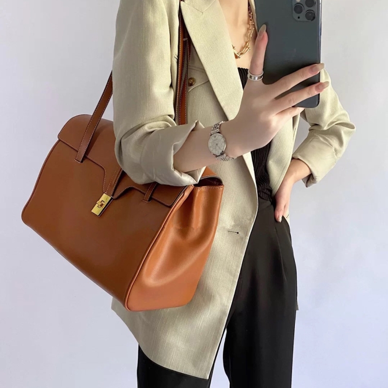 Brown Soft Leather Tote Twist-Lock Satchel Shoulder Bags