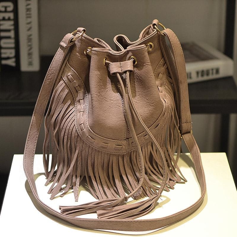 Blush Leather Vintage Fringe Bag Tassels Crossbody Bucket Bags
