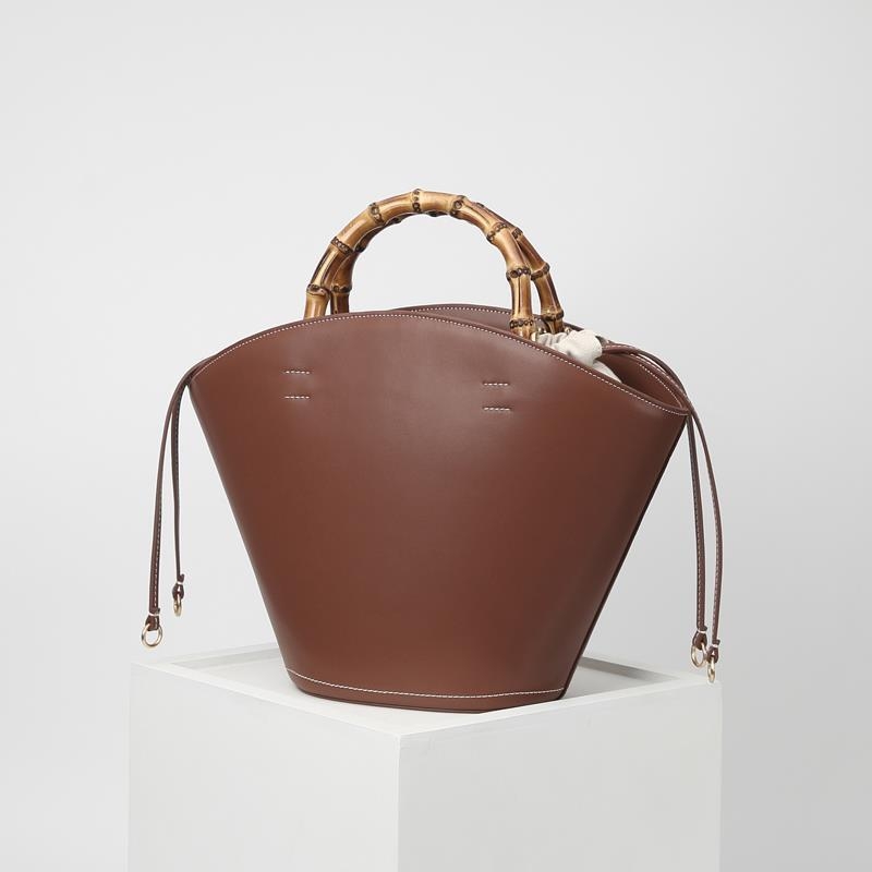 Brown Vintage Bamboo Handle Genuine Leather Bucket Bag Handbags