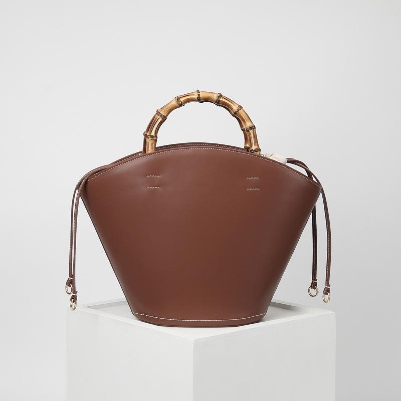 Brown Vintage Bamboo Handle Genuine Leather Bucket Bag Handbags