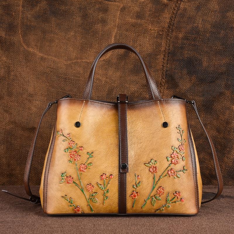 Yellow Vintage Flower Embossed Leather Handbags Crossbody Satchel Bag