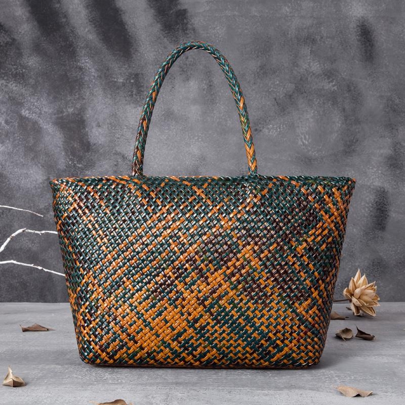 Multicolor Vintage Leather Crochet Bag Woven Bag Tote