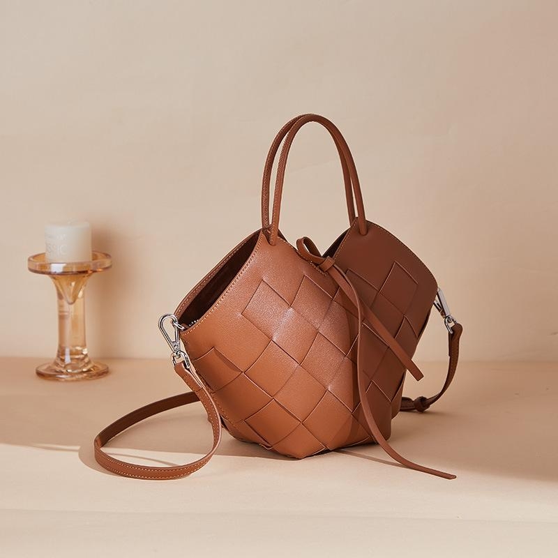 Coffee Woven Leather Heart Shape Crossbody Bag Top Handle Handbag