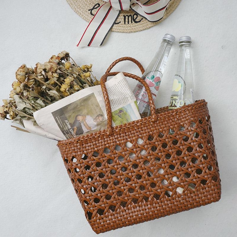 Coffee Brown Woven Leather Tote Bag Hollow-out Basket Handbags