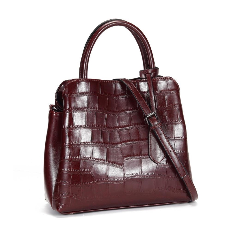 Burgundy Croc Embossed Genuine Leather Handbags Satchel Bags for Work