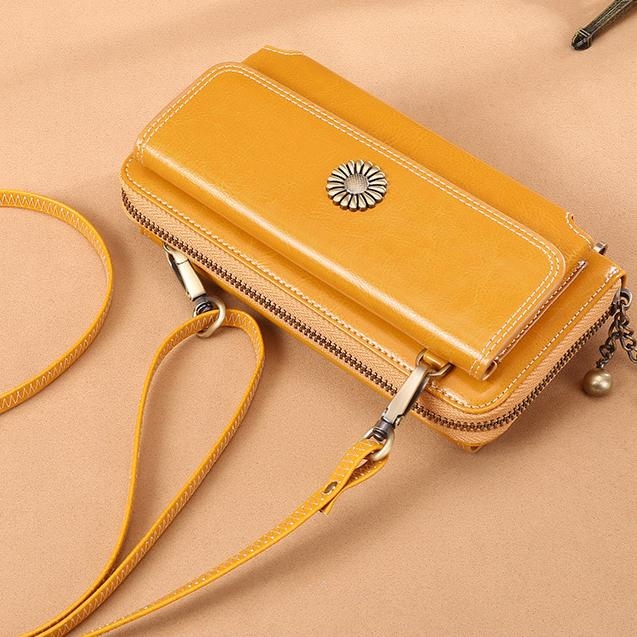 Yellow Genuine Leather Multilayer Long Wallet