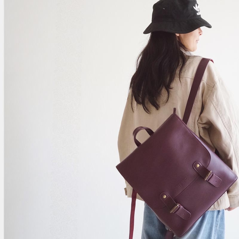 Burgundy Leather Vintage Backpacks School Style Backback Students Bags