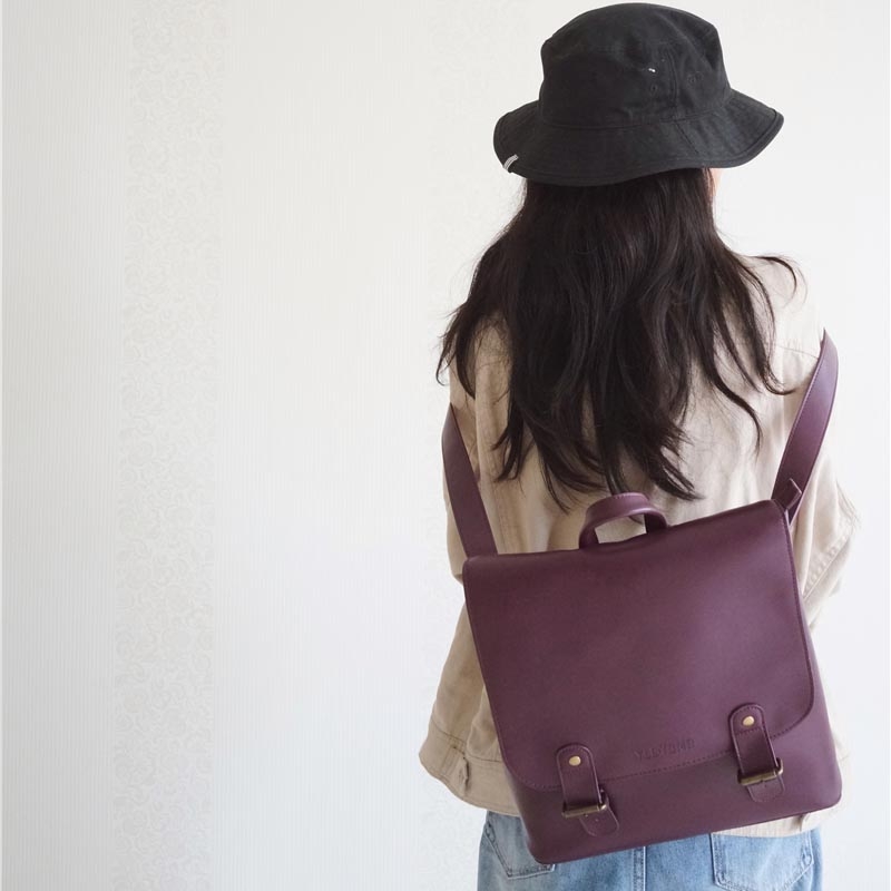 Burgundy Leather Vintage Backpacks School Style Backback Students Bags
