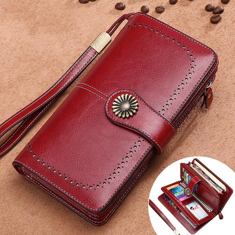 Red Retro Accordion Zipper Leather Long Wallet