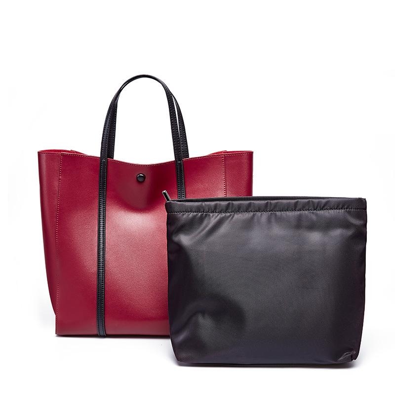 Burgundy Snap-fastener Leather Tote Bags with Inner Pouch