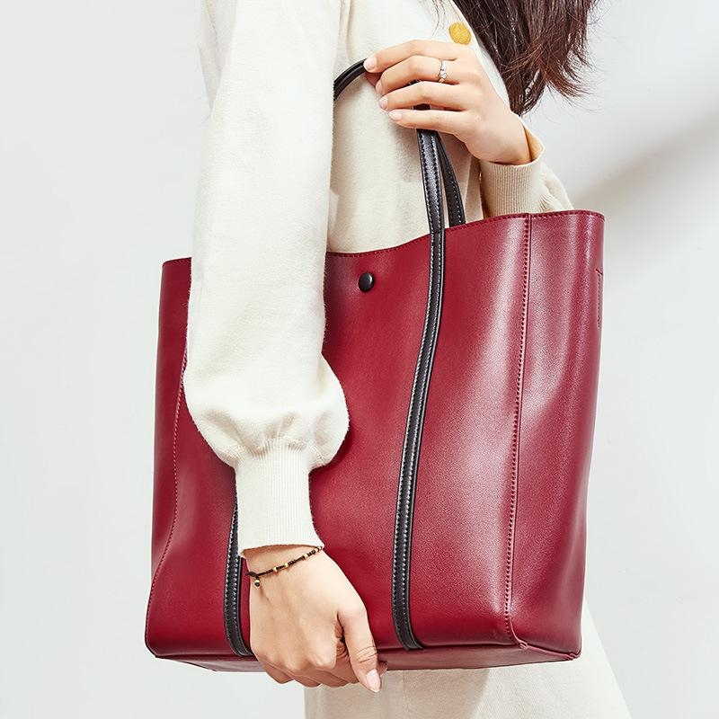 Burgundy Snap-fastener Leather Tote Bags with Inner Pouch