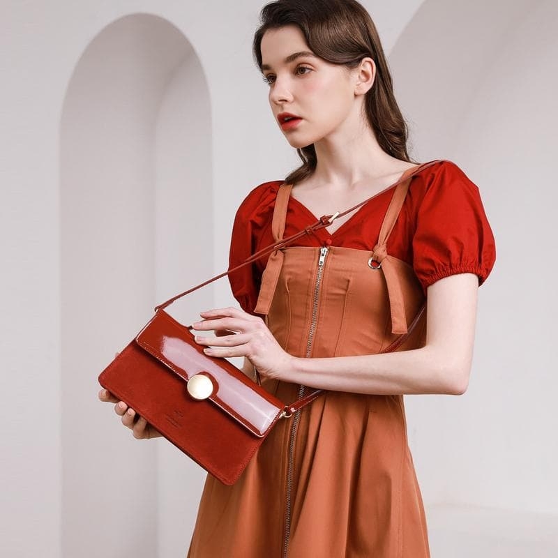 Brick Red Vintage Leather Handbags Foldover Square Crossbody Purses