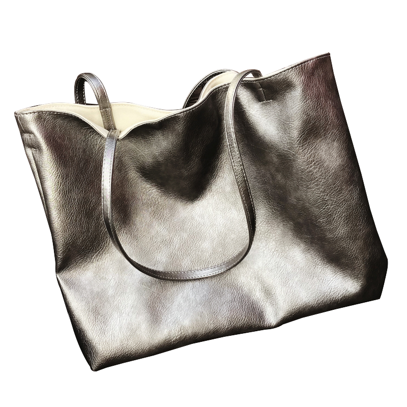 Champagne Soft Faux-Leather Tote Metallic Luster Large Shopper Bags