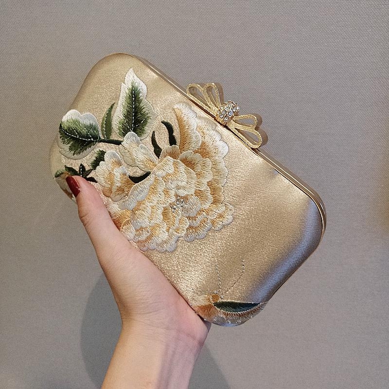 Champange Flowers Embroideried Box Clutch Purses Evening Bags