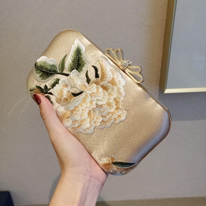 Champange Flowers Embroideried Box Clutch Purses Evening Bags