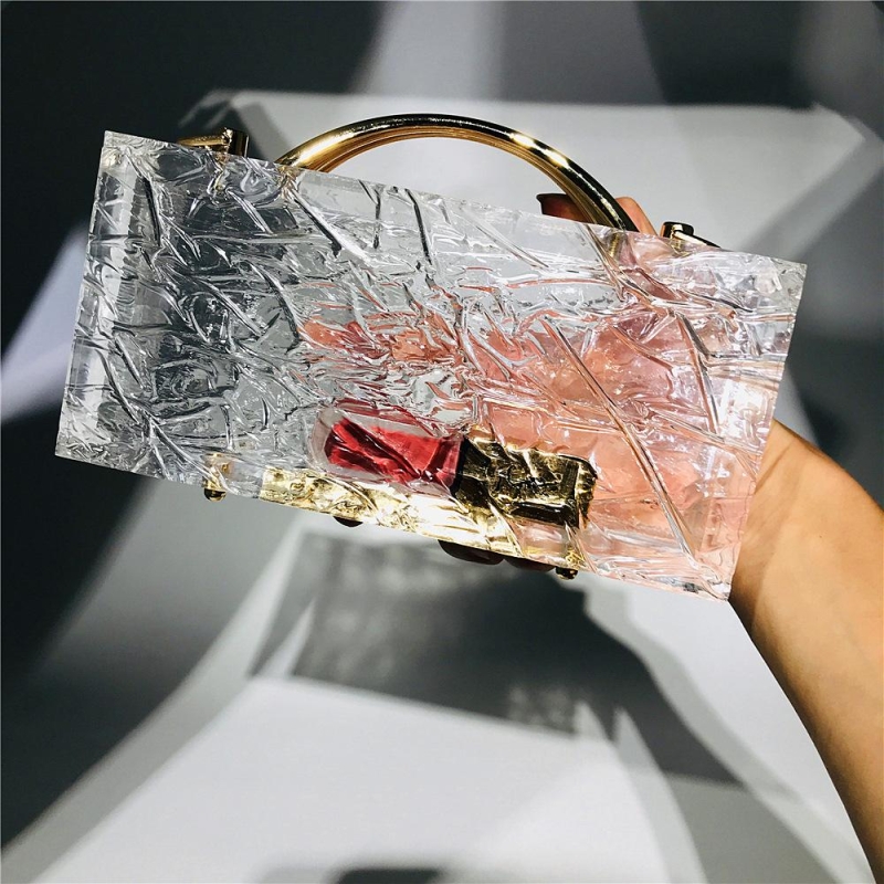 Clear Acrylic Metal Top Handle Crushed Ice Box Clutch Handbags